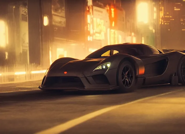 Image similar to Bladerunner 2049 scene of man tuning his sports car in garage dark atmospheric volumetric lighting moody dark cinematic Roger Deakins Cinematography futuristic cyberpunk car GT40 Le Mans GTR R35 Viper RX-8 S14 Lan Evo X ikuo maeda Newton Thomas Sigel