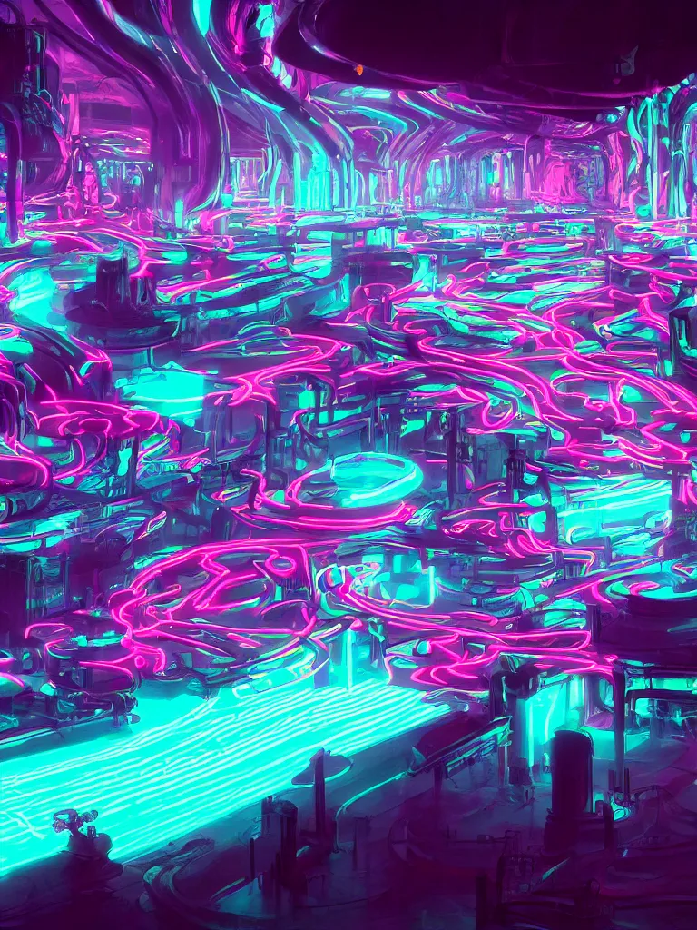 Image similar to glowing neon fluid flowing through mekanism pipes by disney concept artists, blunt borders, rule of thirds