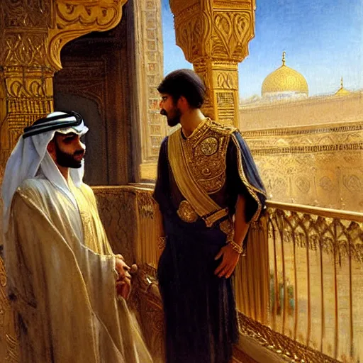 Prompt: attractive arab king confesses his love for his attractive male prince, in balcony of palace, above a river,. highly detailed painting by gaston bussiere, craig mullins, j. c. leyendecker