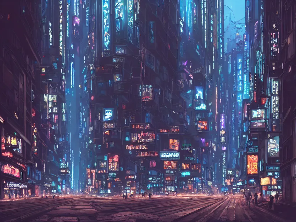 Prompt: hyperrealistic matte painting of a rustling and busy city street at night, art deco buildings, crowded, by hugh ferris and john smith, fantasy, complex buildings, classical architecture, cyberpunk ads, cyberpunk signs, blue color scheme, fine detail, polished, sharp focus, octane, cgsociety, trending on artstation