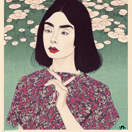 Prompt: “ lily collins portrait by ikenaga yasunari and ayana otake and ko rakusui, 6 0 s poster, drawing, realistic, sharp focus, japanese, dreamy, nostalgia, faded, golden hues, floral clothes, porcelain skin ”