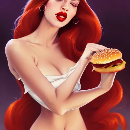 Prompt: portrait ofJessica Rabbit eating hamburgers, extra onions and ketchup, luscious patty with sesame seeds, feminine ethereal, handsome, D&D, fantasy, intricate, elegant, highly detailed, digital painting, artstation, concept art, matte, sharp focus, illustration, art by Artgerm and Greg Rutkowski and Alphonse Mucha