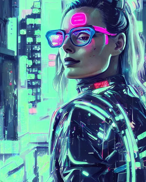 Image similar to detailed portrait Margot Robbie Neon Operator Girl, cyberpunk futuristic neon, reflective puffy coat, decorated with traditional Japanese ornaments by Ismail inceoglu dragan bibin hans thoma greg rutkowski Alexandros Pyromallis Nekro Rene Maritte Illustrated, Perfect face, fine details, realistic shaded, fine-face, pretty face