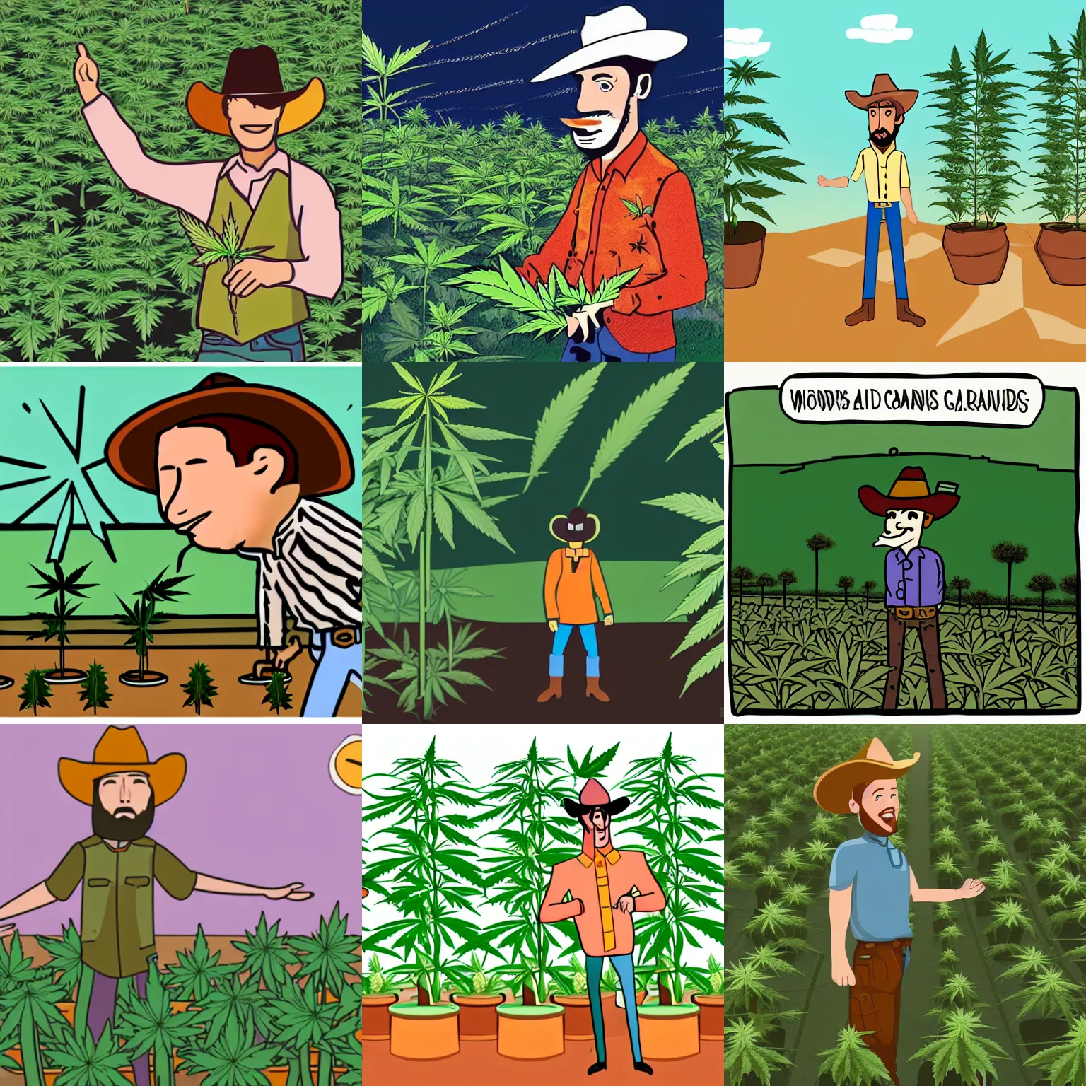 Prompt: an awkward and silly illustration of a cowboy admiring his field of cannabis plants