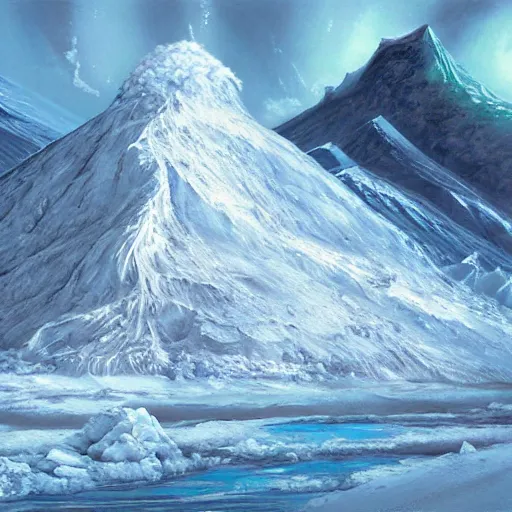 Prompt: an ice volcano, oil painting, cold, snow landscape, sci-fi concept art, very detailed