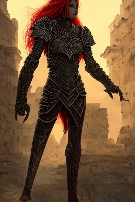 Prompt: portrait knights of Zodiac girl, metallic black and red color reflected armor, in ruin Agora of Athens sunrise, ssci-fi, fantasy, intricate, natural atmosphere, elegant, golden light, highly detailed, digital painting, concept art, smooth, sharp focus, illustration, art by N I X E U and tian zi and WLOP and loish and greg rutkowski