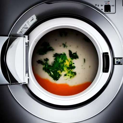 Prompt: soup inside of a washing machine, photography, realistic