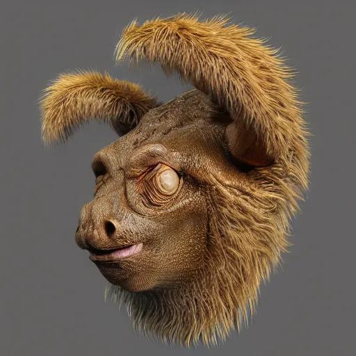Image similar to a photo of a head animal morphing creature, gills morph scales merged in fur skin, wrinkled hairy muscles skin, veins merged feet head, normal map, displacement map, distorted animal head face eyes arms tail, reflection map,
