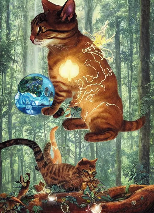 Image similar to a hyper realistic cat god with happy lighting and technology jewelry in the woods gorgeous lighting, sunbeams blue sky, lush forest foliage painting by chiara bautista and beksinski and norman rockwell and greg rutkowski weta studio, and lucasfilm