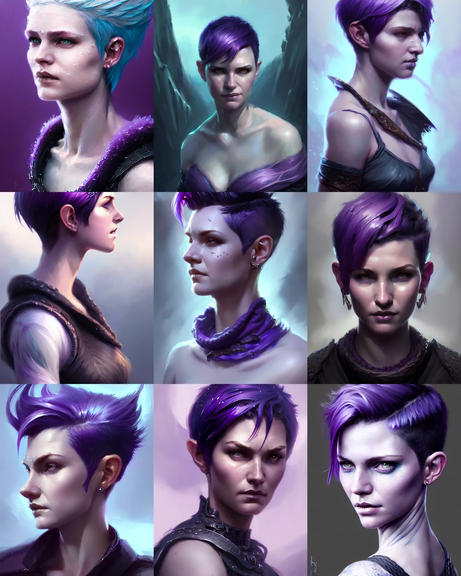 Prompt: Portrait of rugged adult female, D&D fantasy magic, pixie undercut hairstyle, black to purple fade hairstyle, water-ice magic, intricate, highly detailed, digital painting, artstation, concept art, sharp focus, illustration, art by greg rutkowski and ross draws