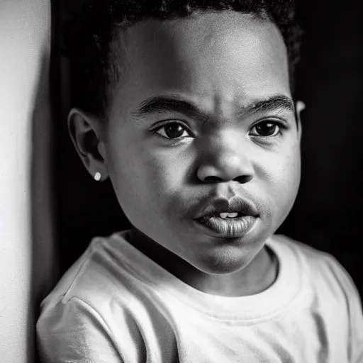 Prompt: the face of young chance the rapper at 1 years old, black and white portrait by julia cameron, chiaroscuro lighting, shallow depth of field, 8 0 mm, f 1. 8