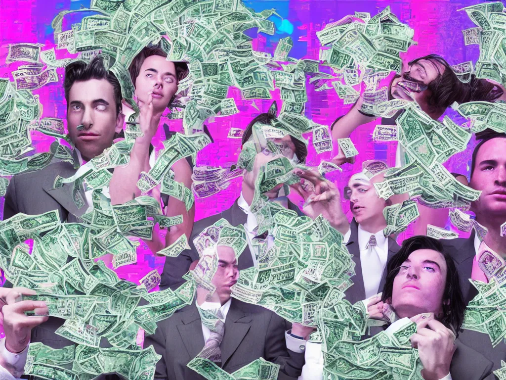Prompt: vaporwave glitchy corrupt jpeg of corrupt businessmen bathing in money
