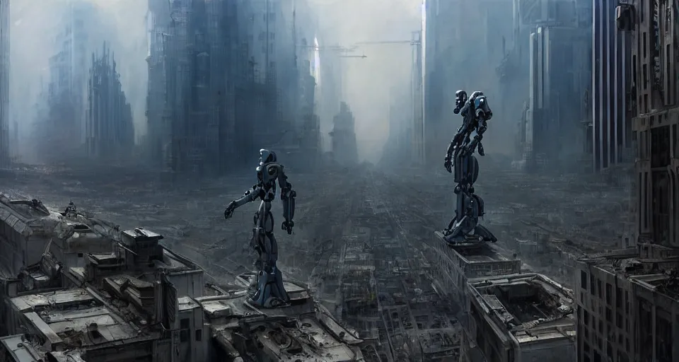 Image similar to hyper realistic sci - fi matte concept art painting of mecha standing on top of a building overlooking war in the streets, beautiful details, strong composition painted by kim jung guweta studio rutkowski, james gurney and greg rutkowski, and lucasfilm, smooth, intricate, detailed, sharp focus, cinematic