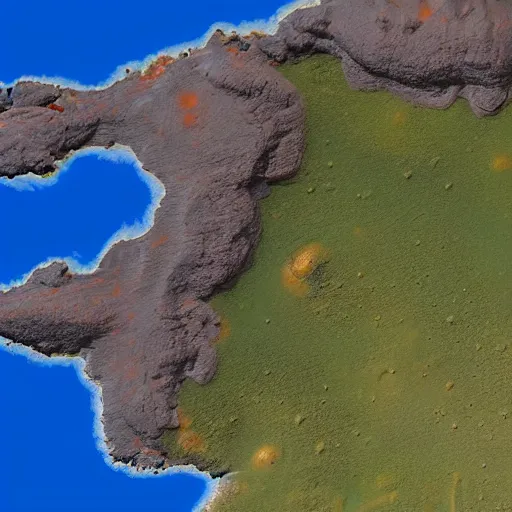 Image similar to highly realistic map of a large island with a dormant volcano in the middle, 8 k, hyperrealistic, nostalgic, ambient lighting, fantasy