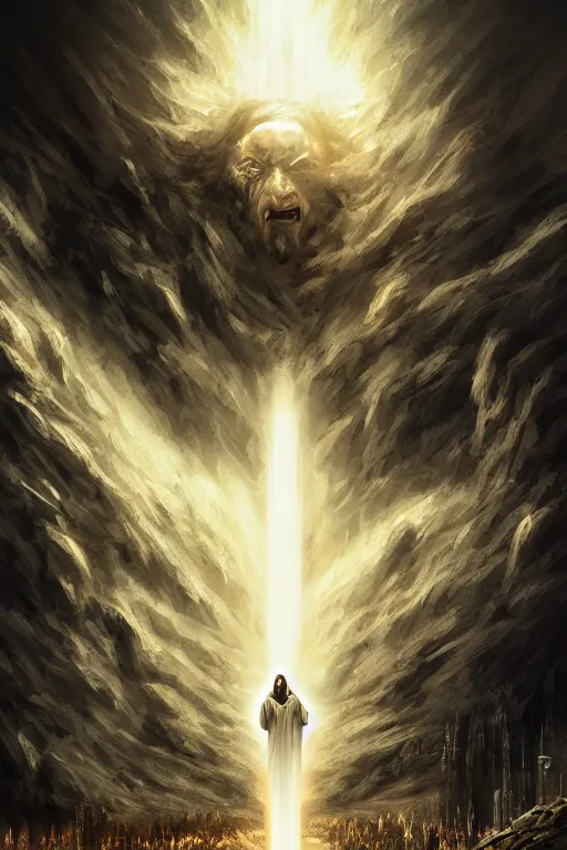 Image similar to a second coming of jesus christ, doomsday, final judgement, grim - lighting, high - contrast, intricate, elegant, highly detailed, digital painting, artstation, concept art, smooth, sharp focus, illustration