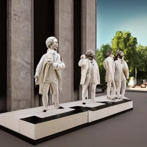 Prompt: mozart and beethoven and bach and liszt all standing next to each other, they're all statues, octane render, 8 k, highly detailed, hyper - realistic.