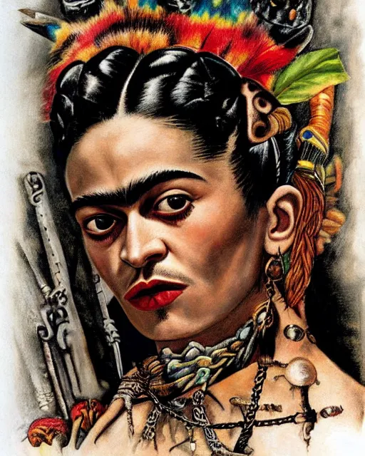 Image similar to portrait of a skinny punk frida kahlo wearing armor by simon bisley, john blance, frank frazetta, fantasy, thief warrior