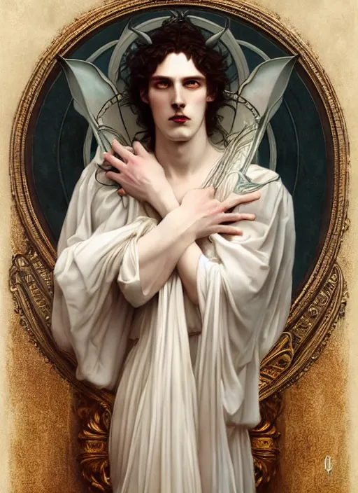 Prompt: majestic immortal vampire lord porcelain skin man movie poster, art style by edmund leighton, tom bagshaw, alphonse mucha, exquisite digital art, haunting, masterpiece, organic painting, photorealistic, ornate and hyper detailed