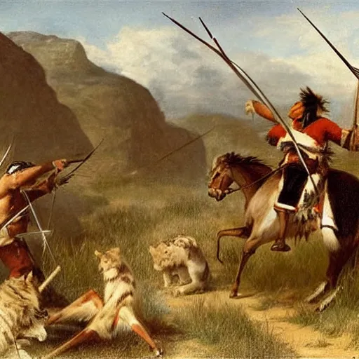 Prompt: native american man shoots arrow at sabertooth!!!!!! tiger on great plains, painting by emanuel leutze and emanuel leutze and emanuel leutze and emanuel leutze and emanuel leutze