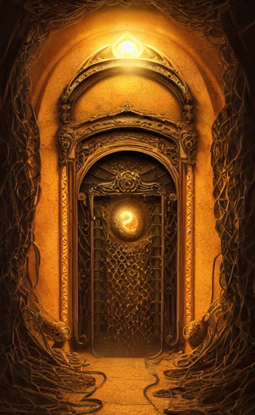 Image similar to a ornamental gate into space a snake emerges from it, ornament, intarsia, portal, doorway, dynamic lighting, ambient lighting, atmospherical, photorealistic fantasy concept art, trending on art station, stunning visuals, creative, cinematic, ultra detailed