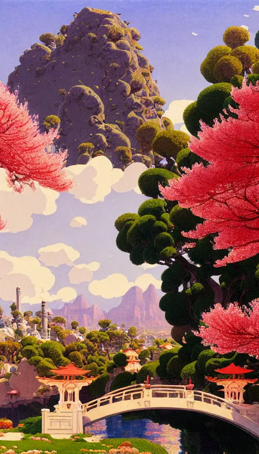 Image similar to ghibli illustrated background of strikingly beautiful west hollywood, california, with strange rock formations acastle is seen in the distance, and red water and cherry blossoms by vasily polenov, eugene von guerard, ivan shishkin, albert edelfelt, john singer sargent, albert bierstadt 4 k