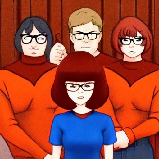 Image similar to Stunning Scene of Velma Dinkley wearing her iconic orange sweater from Scooby Doo in court for falsely accusing someone of being a criminal. Pixiv, artstation