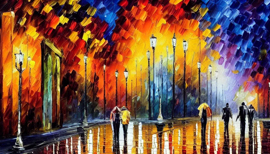 Image similar to painting afremov leonid evening landscape in the city and two people on the road