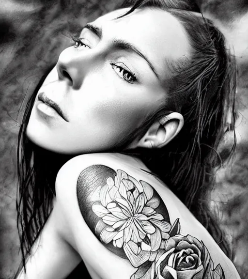 Prompt: tattoo design of beautiful woman portrait against a background of beautiful mountains and nature, in the style of den yakovlev, black and white, hyper realistic, highly detailed