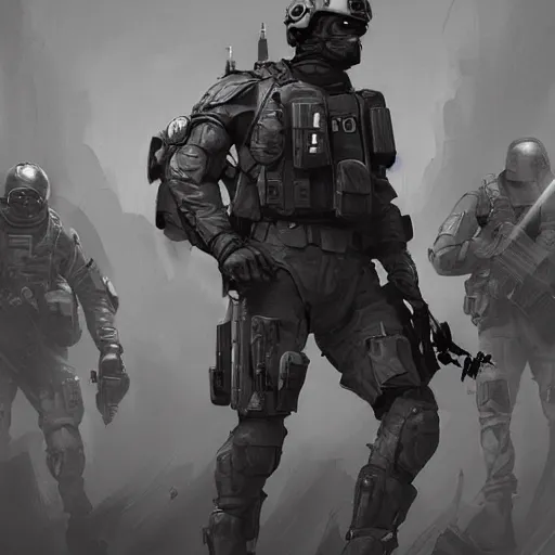 Image similar to Mercenary Special Forces in grey uniforms with black armored vests dying in 2020, by Cedric Peyravernay, highly detailed, excellent composition, cinematic concept art, dramatic lighting, trending on ArtStation