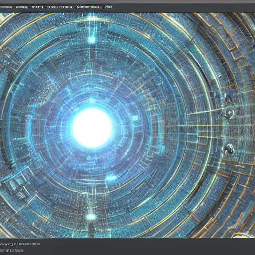 Image similar to Realistic Concept Art Quntum Computer designed by Albert Einstein n blender, Cyan Gold blank light, photorealism, super symmetry, parallelism, antimatter, internet, enter the void, dark-matter, diamond, string theory, virtual reality, 32K, super detailed, details by futuristic Leonardo DaVinci and Stephen Hawking, Octane Render, 3D Projection of 4D