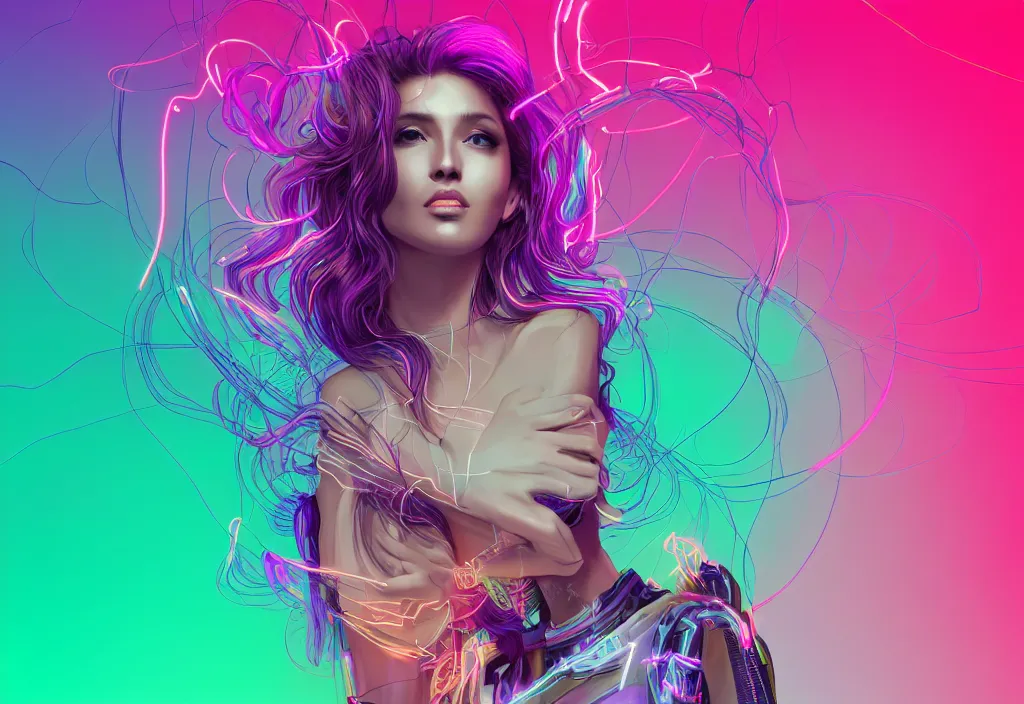 Image similar to a award winning half body portrait of a beautiful woman in a croptop and cargo pants with ombre purple pink teal hairstyle surrounded by whirling illuminated lines, outrun, vaporware, shaded flat illustration, digital art, trending on artstation, highly detailed, fine detail, intricate