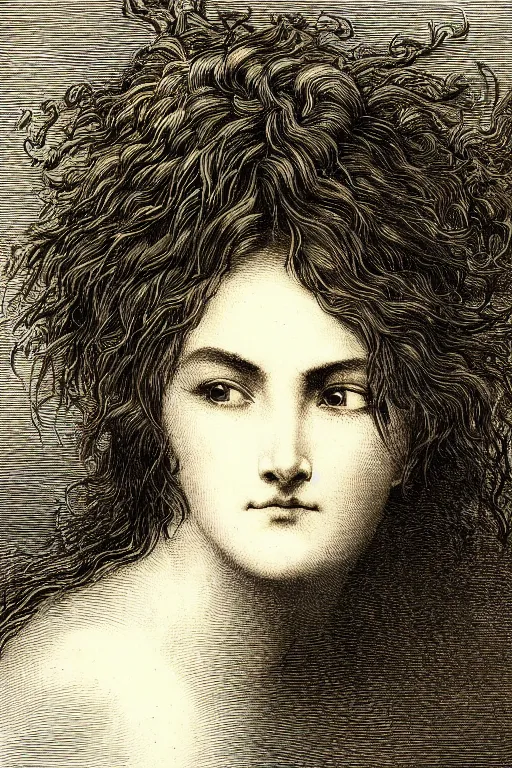 Image similar to extreme close-up hair covering a woman\'s face, forest background, Gustave Dore lithography