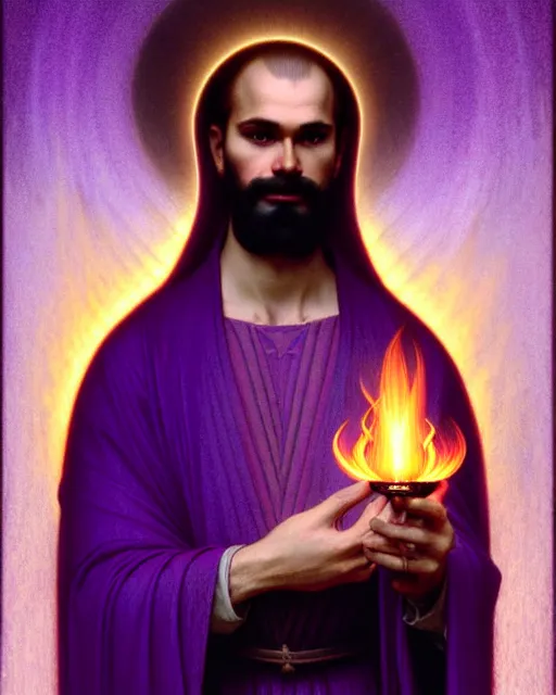 Image similar to portrait of saint germain, he holding the violet flame, it is a fire that is completely violet colored, intricate, elegant, highly detailed, digital painting, artstation, concept art, smooth, sharp focus, illustration, art by artgerm and greg rutkowski and fra angelico and alphons mucha