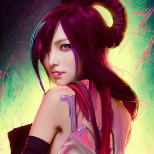 Image similar to a beautiful portrait of hatsune miku with long black and deep red colored hair and one purple colored cyberpunk eye, dressed a netrunner from shadowrun, intricate, elegant, highly detailed, digital painting, artstation, concept art, matte, sharp focus, illustration, art by greg rutkowski and alphonse mucha