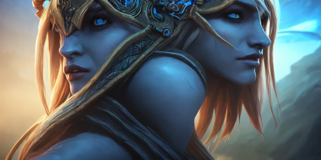 Image similar to hyperrealist portrait of sylvanas windrunner on a blue planet. by bayard wu, fantasy, photorealistic, octane render, unreal engine, dynamic lighting, trending on artstation, poster, volumetric lighting, very detailed faces, 4 k, award winning
