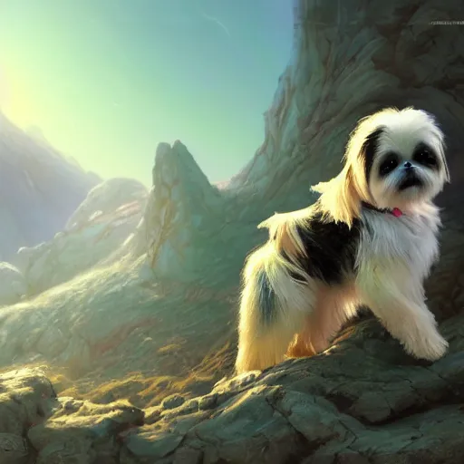 Prompt: Shih Tzu on an alien planet, digital painting, artstation, concept art, donato giancola, Joseph Christian Leyendecker, WLOP, Boris Vallejo, Breathtaking, 8k resolution, extremely detailed, beautiful, establishing shot, artistic, hyperrealistic, beautiful face, octane render, cinematic lighting, dramatic lighting, masterpiece