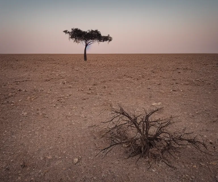 Prompt: an isolated ancient tree in the middle of a barren dessert, bleak, sandy, foggy, sunrise, dreary