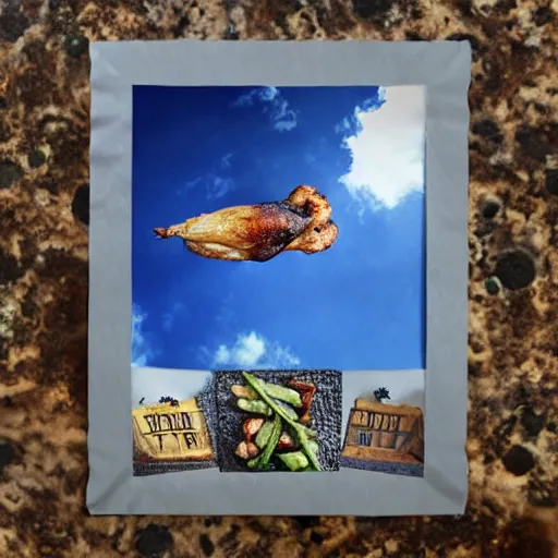 Image similar to roast chicken flying in the sky