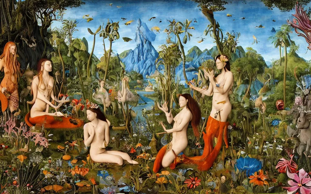 Image similar to a portrait photograph of a meditating mermaid shaman and a centaur monk feeding tropical animals at a wide river delta. surrounded by bulbous flowers, animals, trees and mushrooms. mountain range under a vast blue sky of burning stars. painted by jan van eyck, max ernst, ernst haeckel and artgerm, cgsociety, artstation, fashion editorial