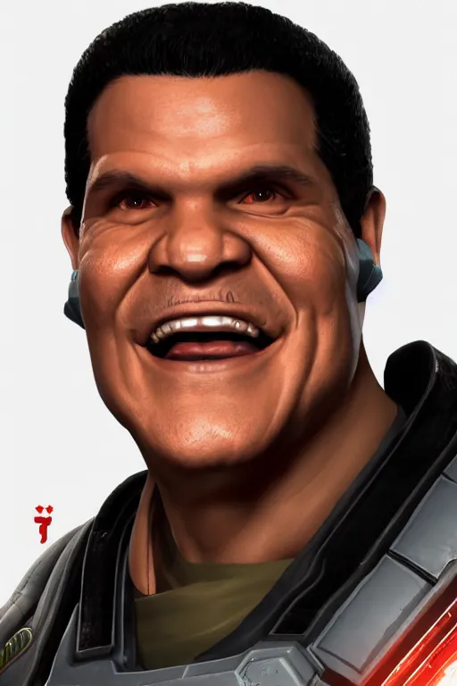 Image similar to an in game portrait of reggie fils aime from doom eternal, doom eternal art style.