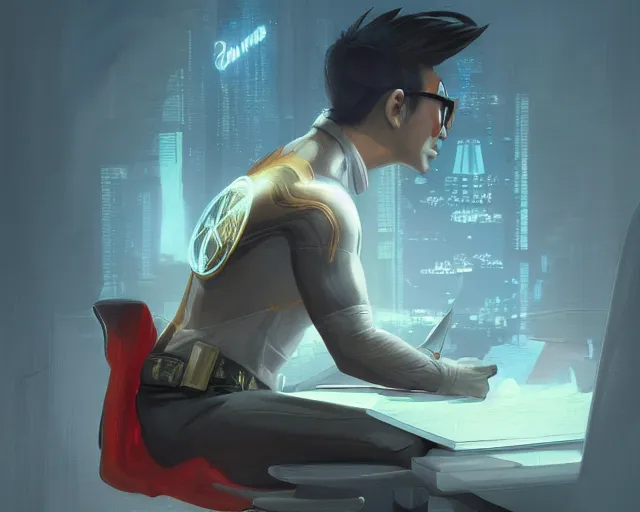 Image similar to an insanely detailed painting of a nerdy asian man wearing a superhero costume, sitting at a desk, staring at the nervously at the computer and typing, in the style of peter mohrbacher, dramatic lighting and composition, octane render, pixar, trending on artstation, concept art, comic book, view from behind