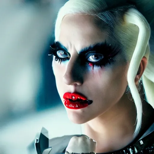 Prompt: Lady gaga as real-life Harley Quinn, cinematic, Wide-shot, atmospheric lighting, extreme detail, 8K, movie still