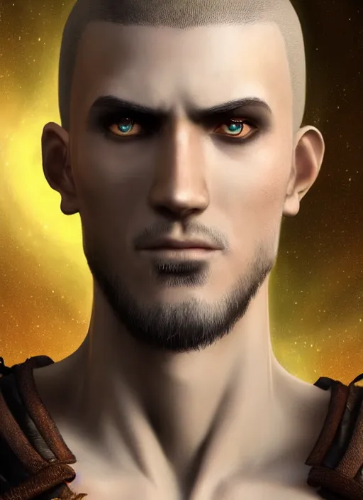 Image similar to buzzcut hair stubble male, aphelios draven, dndbeyond, bright, realistic, dnd character portrait, full body, art by ralph horsley, dnd, rpg, lotr game design fanart by concept art, behance hd, artstation, deviantart, global illumination radiating a glowing aura global illumination ray tracing hdr render in unreal engine 5