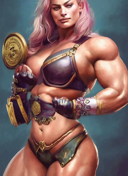 Image similar to detailed portrait of margot robbie as a thick female bodybuilder champion zarya from overwatch, attractive, beautiful, fantasy, intricate, elegant, highly detailed, digital painting, artstation, concept art, matte, sharp focus, illustration, art by aenaluck, artgerm and roberto ferri and greg rutkowski, epic fantasy, digital painting