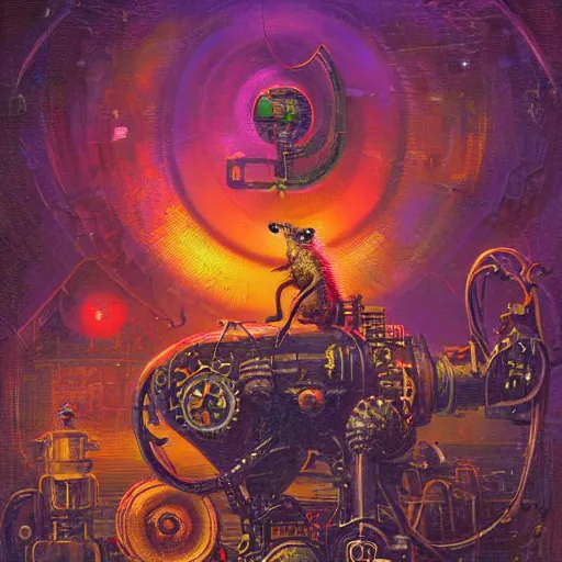 Image similar to steampunk rat, acid, 303, psychedelic, by paul lehr