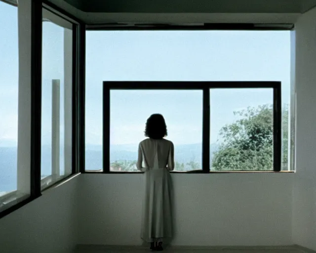 Image similar to a still of a young woman looking out from a huge white balcony of a minimalist house, outside view, low angle, clear sky, minimalist composition, in the music video Wrapped Around your Finger (1983)