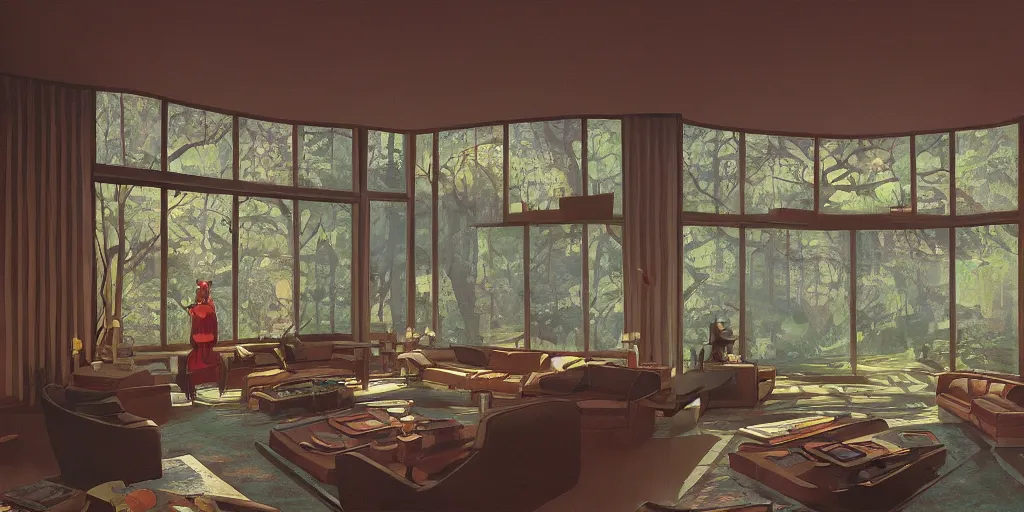 Image similar to nicely furnished living room of insanely wealth man's frank lloyd wright style mansion, large windows letting in a lot of natural light, maine forest outside, game concept art, steven king, 1980s, retro, highly detailed, artstation, wide angle lens