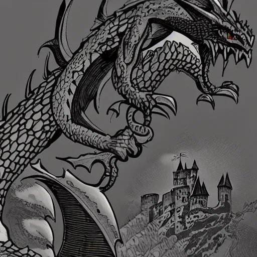 Image similar to detailed image of a Mike Mignola style dragon and of a castle