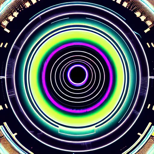 Image similar to horizontal centered neon cyberpunk distortion field electron tube eyeball with concentric data rings around it, glowing, fantasy, networking, camera shutter iris, singularity, clouds, circuitry, explosion, dramatic, intricate, elegant, highly detailed, digital painting, network, artstation, concept art, smooth, sharp focus, illustration, octane render