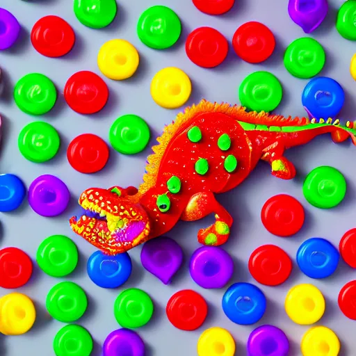 Prompt: a crocodile made entirely out of gumdrops, candyland background, cinematic lighting, product photography, 3 d render